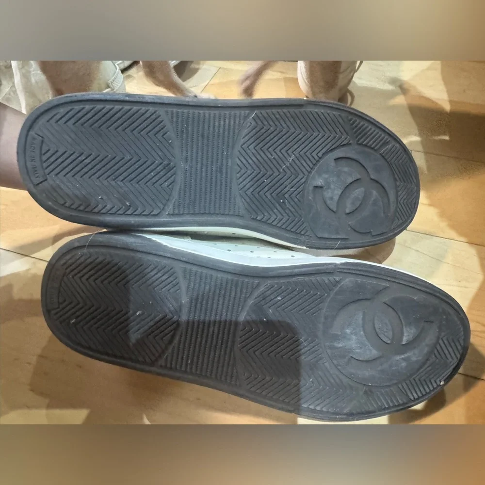 CHANEL White and Black Leather Sneakers